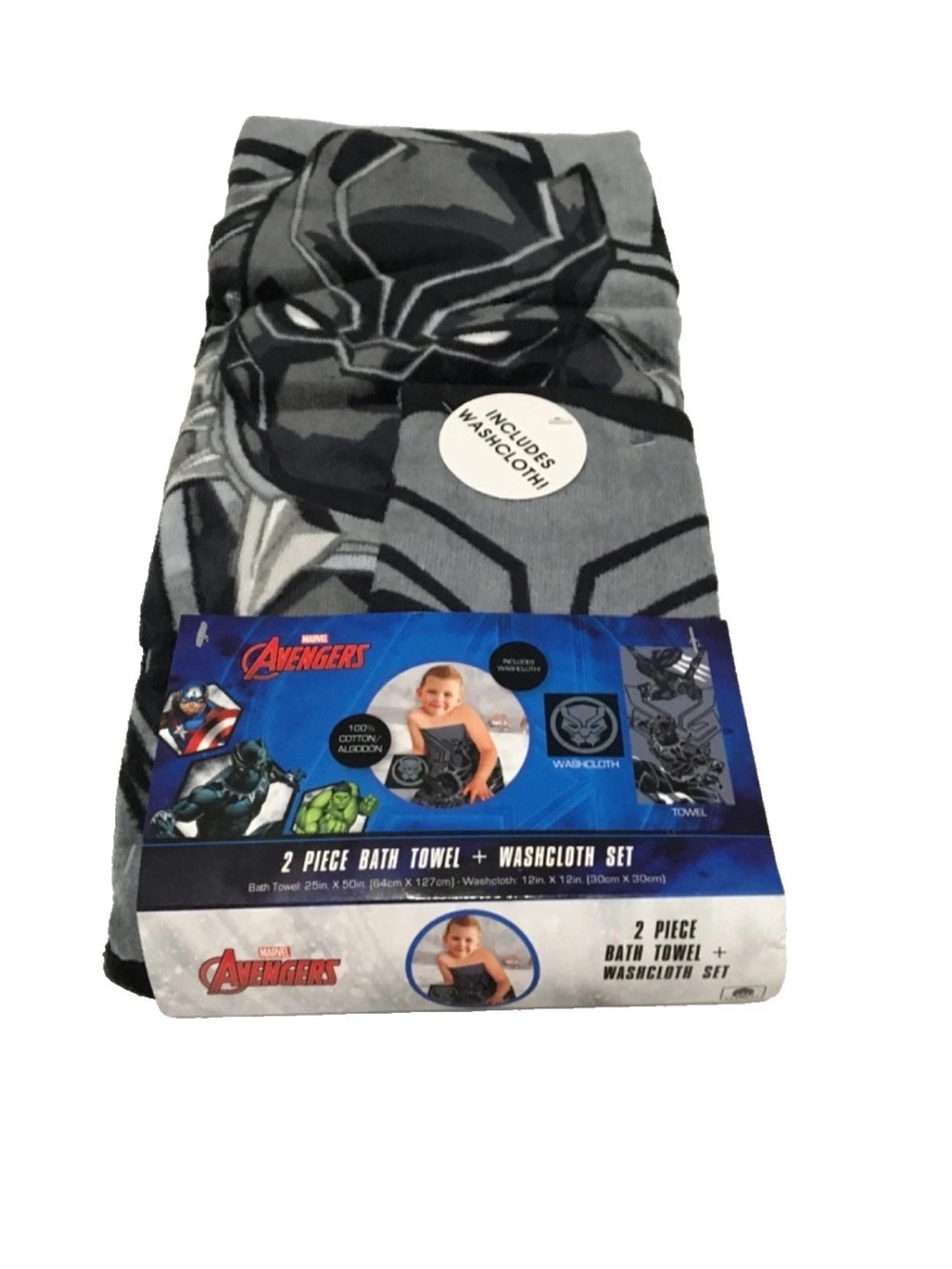 New Marvel Avengers Black Panther Kids 25inx 50in Bath Towel + Washcloth Set